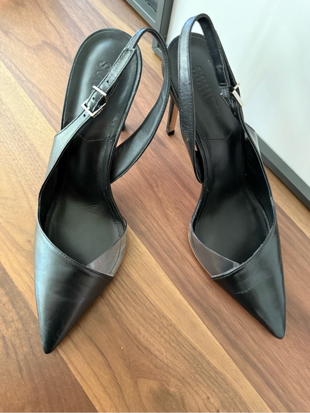 SCHUTZ Emma Black Pointed-Toe Slingback Stilettos